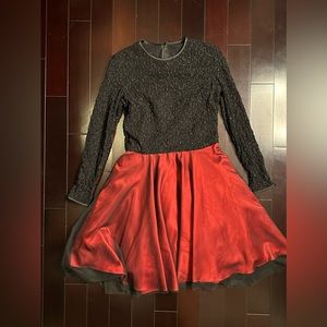 Knee length cocktail dress , mesh beaded top with red and black tulle skirt